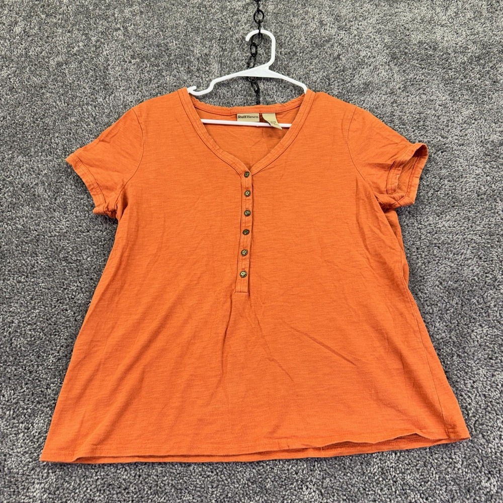 Ruff Hewn Shirt Womens XL Orange Short Sleeve Henley Graphic Tee Casual